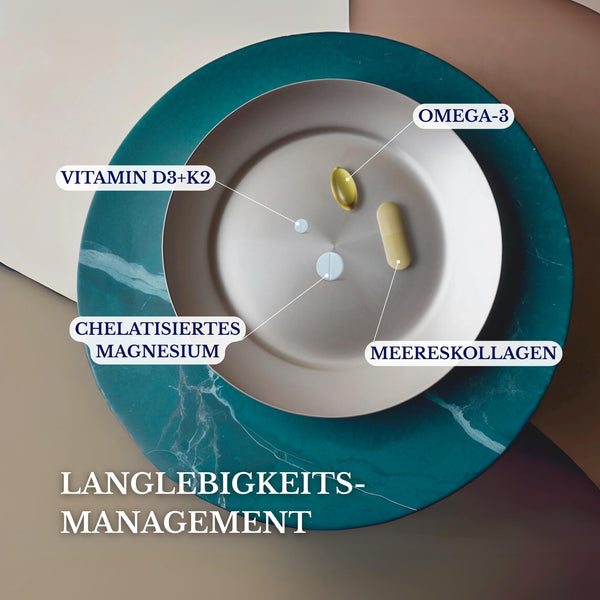 Langlebigkeits Management - Vitamin D3 K2 4000 ie + Omega 3 + Magnesium + Hyaluronsäure Meeres Kollagen Hydrolysierte – Ohne Gentechnik, PHYTO GUIDE | Intensive Formel für Gesundheit und Wohlbefinden