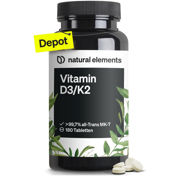 Vitamin D3 K2 Depot hochdosiert – 180 Tabletten Premium-Qualität mit K2VITAL® von Kappa – 5000 IE Vitamin D3 + 99,7+% All-Trans K2-MK7 - Bodyshop-fit