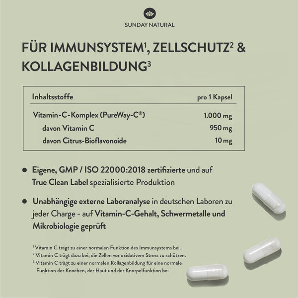 SUNDAY NATURAL® Vitamin C hochdosiert – 1000 mg Vitamin C – exklusiver PureWay® Komplex aus den USA – schnelle Absorption, mit Bioflavonoiden – laborgeprüft, ohne unnötige Zusätze – 240 Kapseln