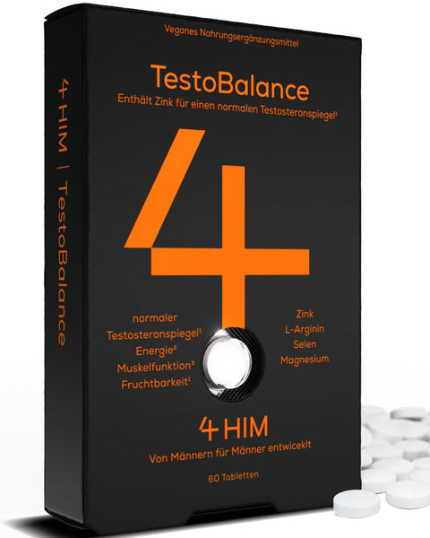 4 HIM TestoBalance für Männer - Normaler Testosteronspiegel, Energie und Muskelfunktion mit Zink, Magnesium, B6 Complex, L-Arginin, Ginseng und Selen - 60 Vegane Tabletten - Bodyshop-fit