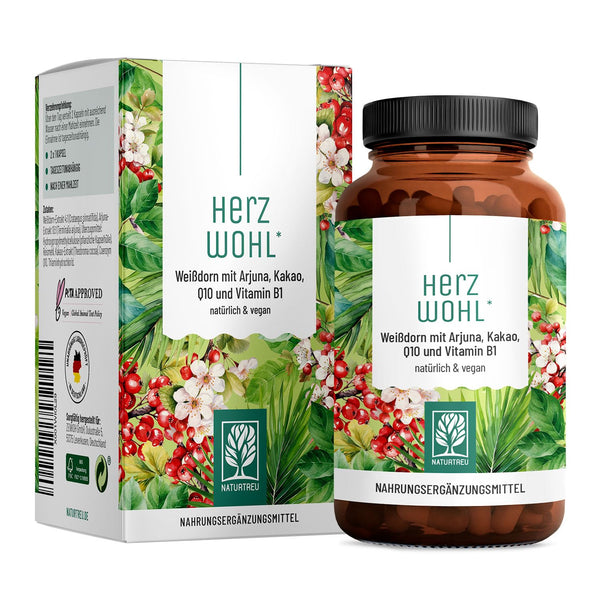 NATURTREU® Herzwohl Kapseln mit hochdosiertem Weißdorn, Arjuna & Coenzym Q10 - Natürliche Venenunterstützung - Bodyshop-fit