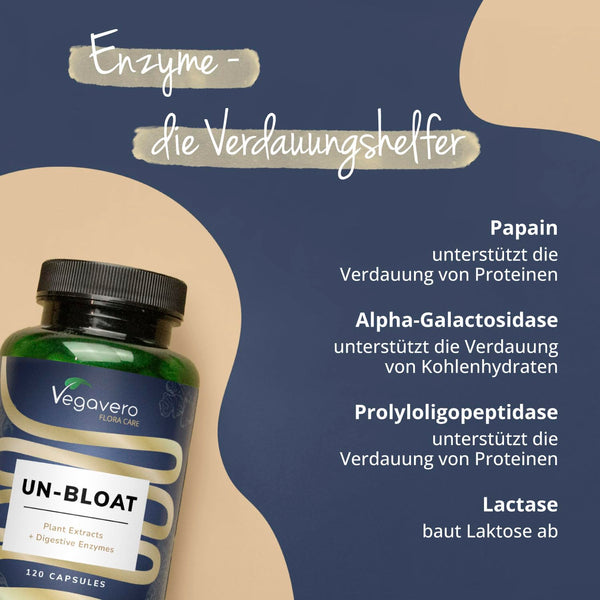 Vegavero Un-Bloat Kapseln vegan - Verdauungsenzyme Komplex mit Pflanzenextrakten – 120 Bromelain Kapseln mit Lactase & Papain Enzym – Magensaftresistent für Bauch & Verdauung