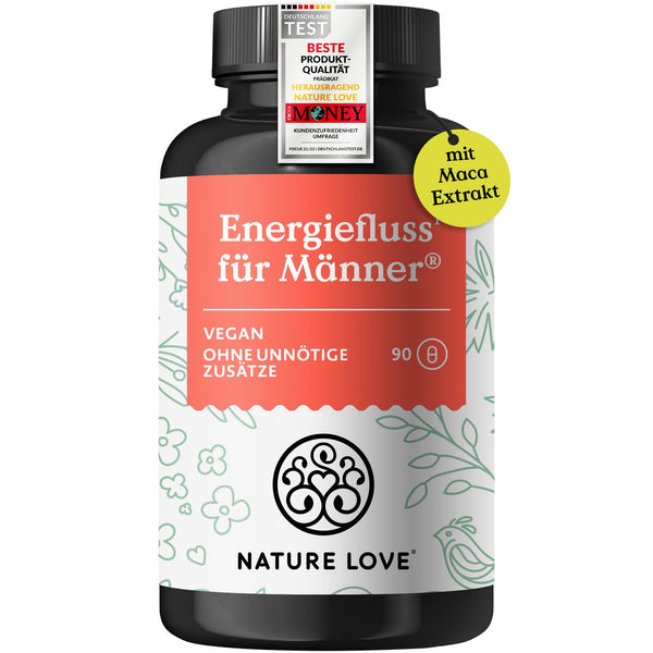 NATURE LOVE® Energiefluss für Männer - 90 Kapseln - Mit Tribulus Terrestris Extrakt, Maca Extrakt, L-Arginin, L-Citrullin, Zink, Folat, Vitamin C, Pflanzenstoffen - Hochdosiert, vegan und laborgeprüft