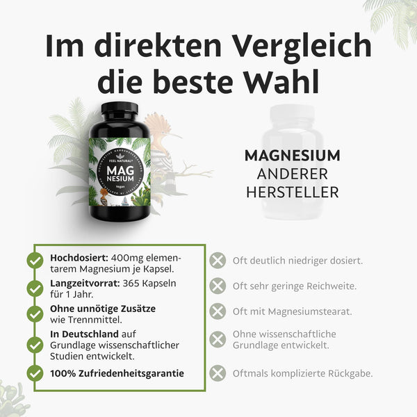 Magnesium hochdosiert Kapseln - 365 Stück (Jahresvorrat) - 664mg je Kapsel, davon 400mg elementares Magnesium - höherer Gehalt als andere Magnesiumformen - Laborgeprüft & Vegan