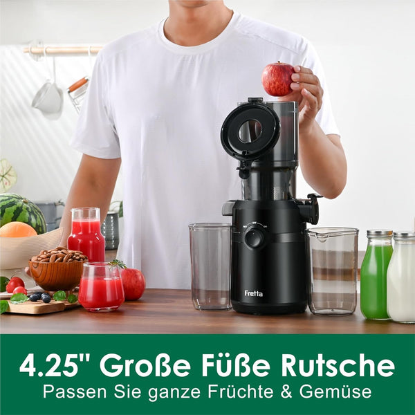 Fretta Entsafter,Slow Juicer mit 108MM Breite und Größere Fütterungsröhre,Füllvolumen für ganze Gemüse und Obst,BPA-frei Tritan-Material Entsafter,Einfacher Installation,200W