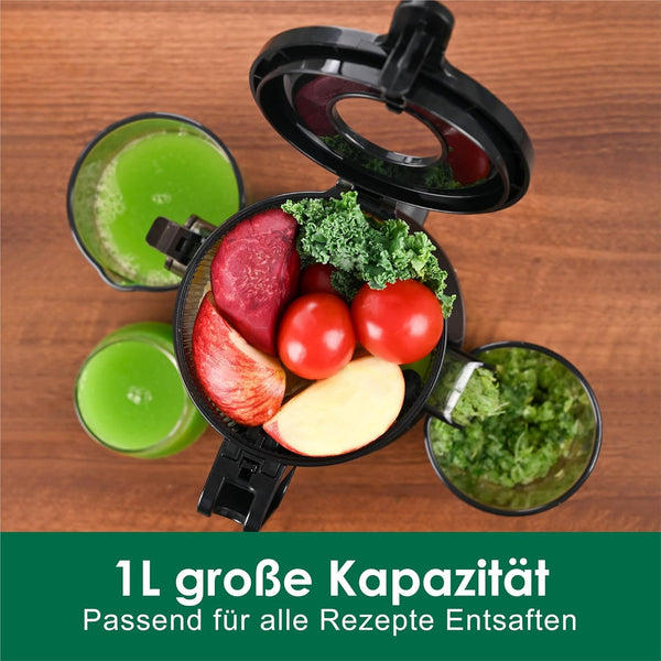Fretta Entsafter,Slow Juicer mit 108MM Breite und Größere Fütterungsröhre,Füllvolumen für ganze Gemüse und Obst,BPA-frei Tritan-Material Entsafter,Einfacher Installation,200W