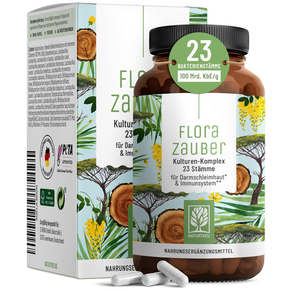 NATURTREU Florazauber Kulturen vegan - Magensaftresistent mit 23 Bakterienstämmen, 60 Kapseln für eine gesunde Darmflora - Bodyshop-fit