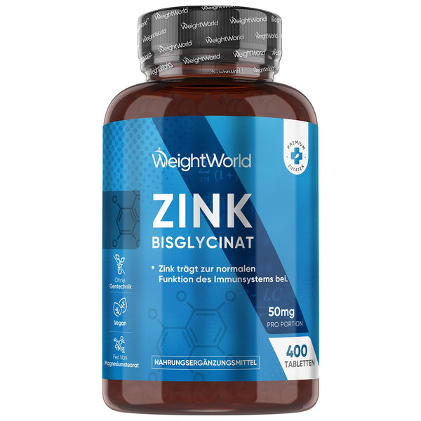 Zink Tabletten vegan - 400 vegane Tabletten für über 1 Jahr Vorrat - Unterstützt normalen Testosteronspiegel (EFSA) - Zink Bisglycinat von WeightWorld - Bodyshop-fit