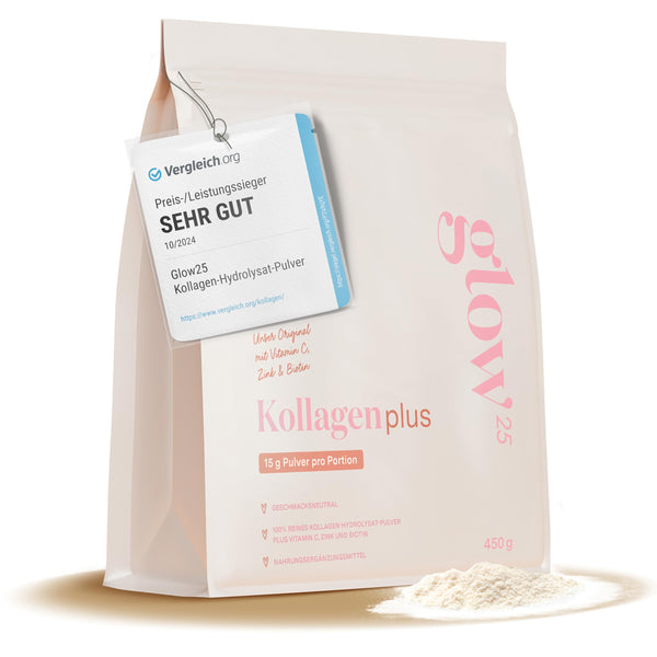 Glow25® Collagen Plus Pulver [450g] - Kollagen Hydrolysat mit Vitamin C, Zink und Biotin - Peptide Typ 1 und 3 - Gute Löslichkeit - Neutral