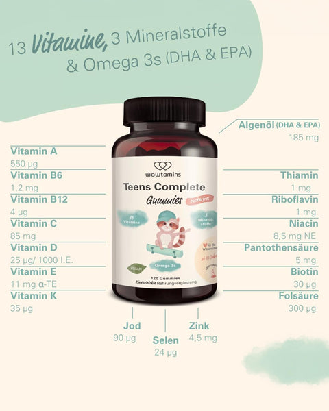 Zuckerfreie Multivitamin Gummies für Jugendliche - wowtamins Teens Complete (30-Tage-Vorrat) mit Omega 3, Vitamin C, D3, B12, Zink & mehr - Bodyshop-fit