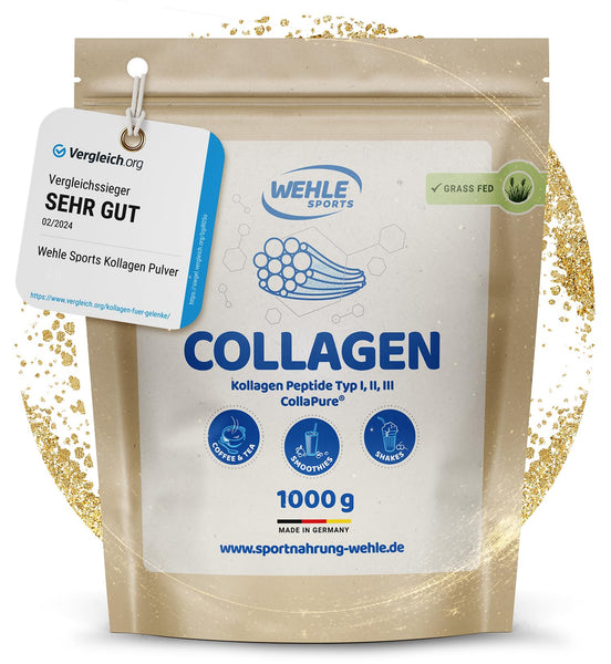 Collagen Pulver 1 kg – Kollagenhydrolysat Peptide Typ I, II & III – Geschmacksneutrales Eiweißpulver – Made in Germany – Wehle Sports (1000g (1er Pack)) - Verpackung kann variieren.