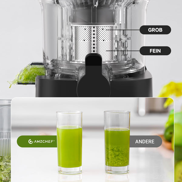 AMZCHEF Slow Juicer - Entsafter mit 120MM Breite und großer Fütterungsröhre für ganze Obst und Gemüse - Leicht zu reinigender Entsafter mit 2 Gläsern - Silbrig - Bodyshop-fit