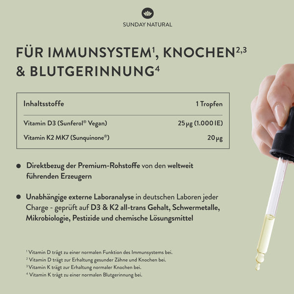 SUNDAY NATURAL® Vitamin D3 K2 Tropfen hochdosiert - Vegan - Premium Vitamin D 3 1.000 IE + K2-MK7 ≥99,8% all-trans 20µg - Optimale Bioverfügbarkeit, ohne unnötige Zusätze, laborgeprüft