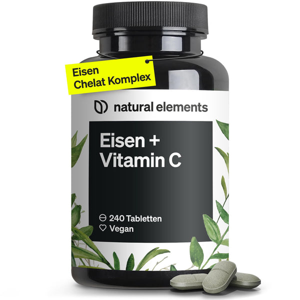 natural elements Eisen mit 40mg natürlichem Vitamin C – 240 vegane Eisentabletten – mit natürlichem Vitamin C aus Acerola – Chelat-Komplex (Eisenbisglycinat) – hochdosiert, ohne unnötige Zusätze