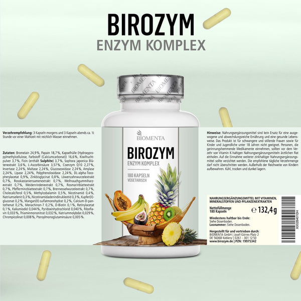 BIOMENTA - BIROZYM Enzym Komplex - 180 Multi Enzymes Kapseln hochdosiert (2,65g/Tag) -13 (Co) Enzyme + 7 Kräuter & Pflanzen + Mineralstoffe + Vitamine - vegetarisch - magensaftresistente Capsules