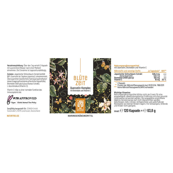 Quercetin Bromelain Komplex vegan 120 Kapseln - 500mg hochdosiertes Quercetin, 100mg Bromelain und 16mg Vitamin C pro Tagesdosis - Blütezeit von Naturtreu - Bodyshop-fit