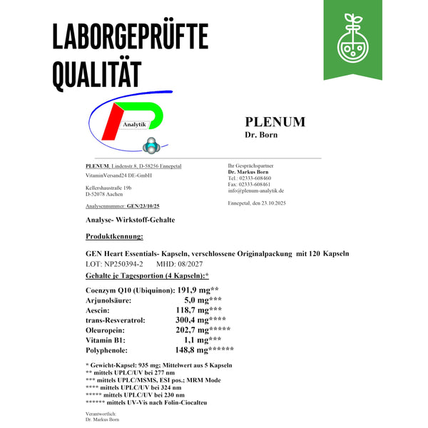 Heart Essentials - 120 Kapseln - Herz Komplex* mit hochdosierten 200mg Q10, 1000mg Arjuna Extrakt, 750mg Citrus Bergamot, Rosskastanien, Resveratrol, Olivenblatt, Vitamin B1 - Vegan