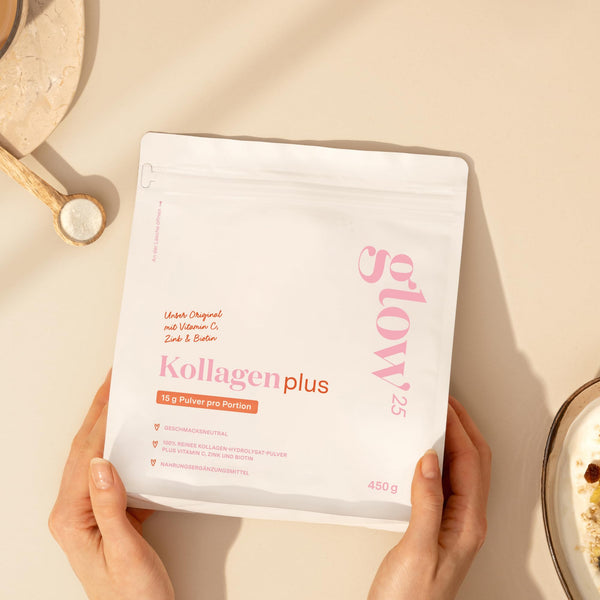 Glow25® Collagen Plus Pulver [450g] - Kollagen Hydrolysat mit Vitamin C, Zink und Biotin - Peptide Typ 1 und 3 - Gute Löslichkeit - Neutral