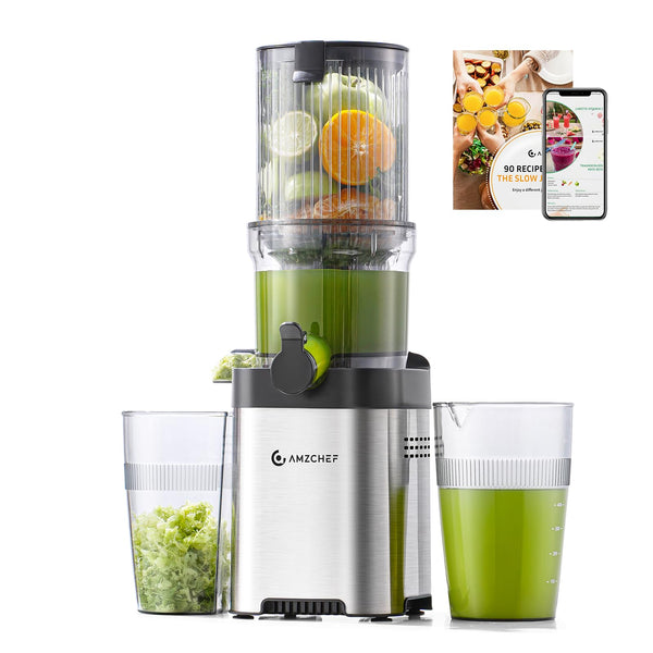 AMZCHEF Slow Juicer - Entsafter mit 120MM Breite und großer Fütterungsröhre für ganze Obst und Gemüse - Leicht zu reinigender Entsafter mit 2 Gläsern - Silbrig - Bodyshop-fit
