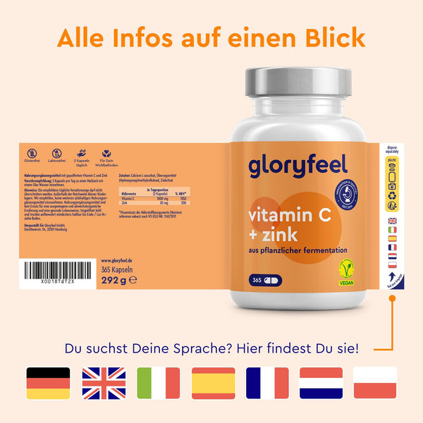 Vitamin C 365 Kapseln - Hochdosiert mit 1000mg + 20mg Zink - Pflanzlich fermentiert & gepuffert (pH-neutral, säurefrei, magenschonend) - Laborgeprüft, vegan ohne Zusätze hergestellt