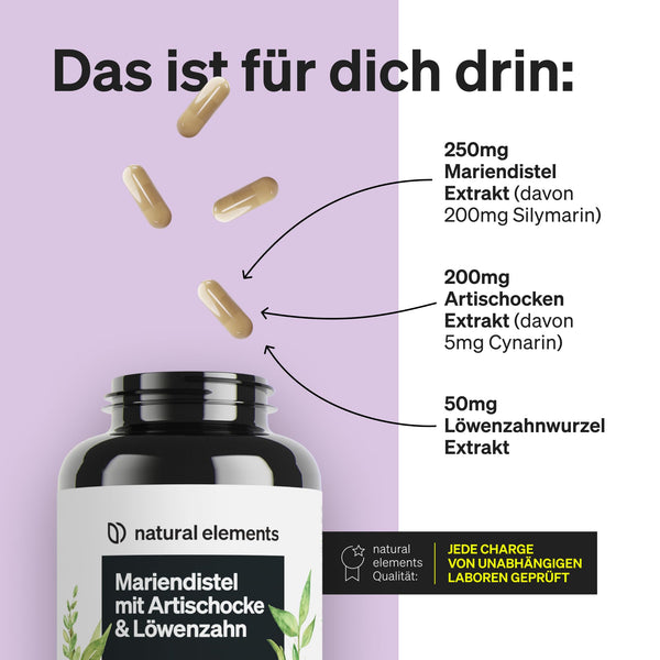 natural elements Mariendistel Artischocke Löwenzahn Komplex - 120 Kapseln - Hochdosiert mit 80% Silymarin - Ohne Magnesiumstearat, vegan und produziert in Deutschland