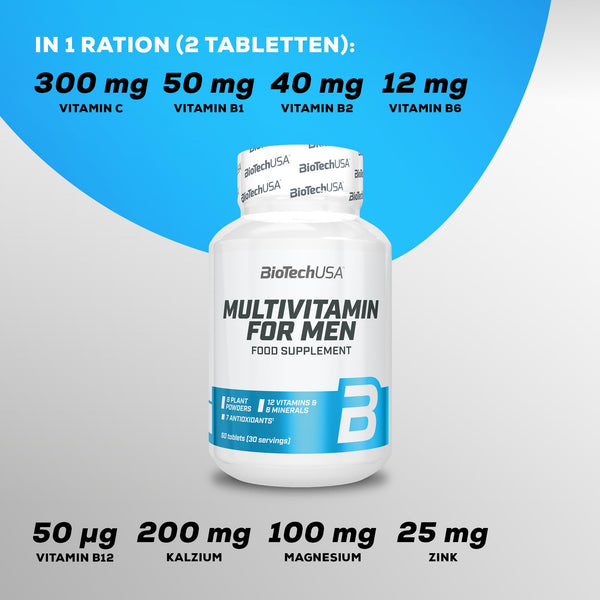 BioTechUSA Multivitamin For Men - Umfassende Unterstützung für aktive Männer | 38 Wirkstoffe | Energie, Immun- und Muskelunterstützung | Antioxidantienschutz, 60 Tabletten