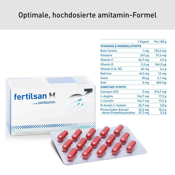 amitamin Fertilsan M - Fruchtbarkeit + Kinderwunsch Mann - Spermienproduktion - 90 Kapseln - Apothekenqualität - vegan - Zink, Selen, L-Arginin, Folsäure, L-Carnitin uvm. - deutsche Herstellung
