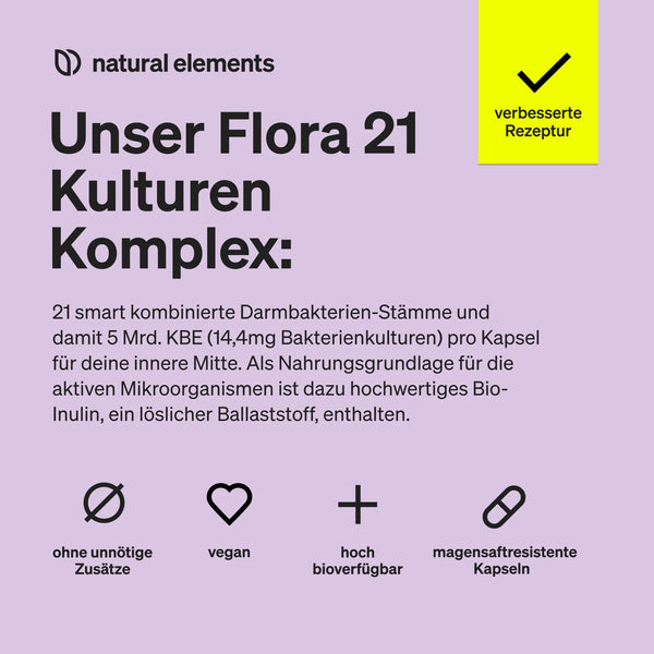 natural elements Flora 21® Kulturen Komplex – 21 Bakterienstämme + Bio Inulin – 180 magensaftresistente Kapseln – Laborgeprüft, vegan, hochdosiert und in Deutschland produziert