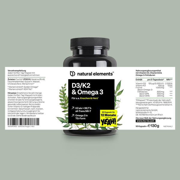 natural elements Vitamin D3 + K2 + Omega 3 – Premium K2VITAL® von Kappa 99,7+% All-Trans K2 – Premium Omega 3 in Triglycerid Form und bioverfügbares D3 – in Deutschland produziert & laborgeprüft