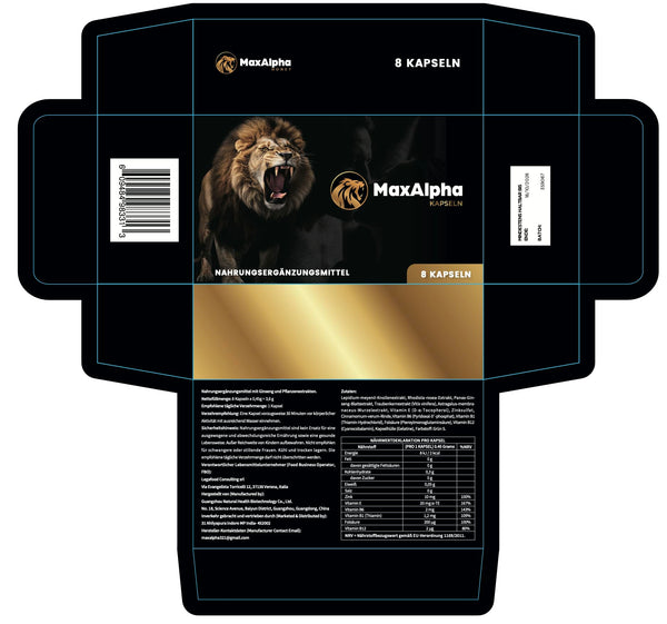 MaxAlpha Ginseng- & Pflanzenextrakt-Kapseln – 8 Stück | Nahrungsergänzung für Männer | Mit Maca, Ginseng, Rhodiola, Astragalus & Traubenkernextrakt