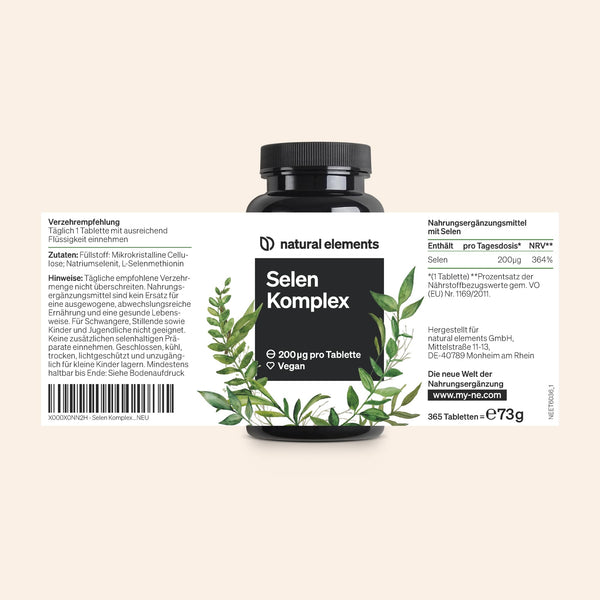 natural elements Selen Komplex – 365 Tabletten mit je 200µg – Komplex aus Natriumselenit und Selenmethionin – vegan, hochdosiert, ohne unnötige Zusätze – in Deutschland produziert & laborgeprüft