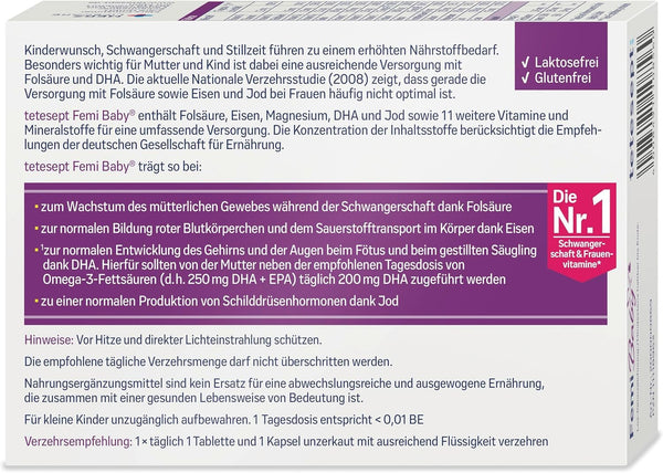 tetesept Femi Baby – 16 Nährstoffe für Kinderwunsch, Schwangerschaft & Stillzeit – mit Folsäure, Eisen, Jod + DHA – 1 x Monatspackung à 30 Tabletten + 30 Kapseln NEU