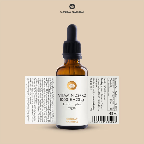 SUNDAY NATURAL® Vitamin D3 K2 Tropfen hochdosiert - Vegan - Premium Vitamin D 3 1.000 IE + K2-MK7 ≥99,8% all-trans 20µg - Optimale Bioverfügbarkeit, ohne unnötige Zusätze, laborgeprüft