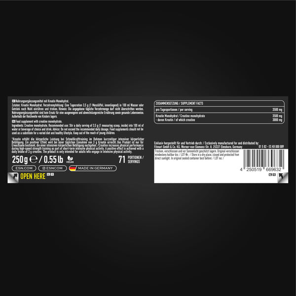 ESN Ultrapure Creatine Monohydrate, 250 g, 71 Portionen, Creatin Pulver, mikrofein & optimal löslich, vegan - made in Germany (Design kann variieren)