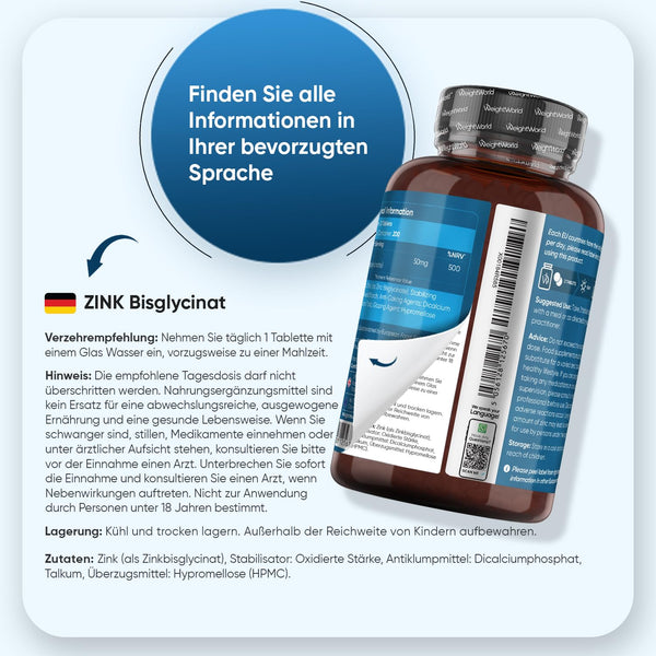 Zink Tabletten vegan - 400 vegane Tabletten für über 1 Jahr Vorrat - Unterstützt normalen Testosteronspiegel (EFSA) - Zink Bisglycinat von WeightWorld - Bodyshop-fit