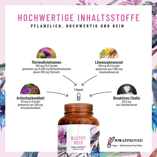 Blütenrein Mariendistel Artischocke Löwenzahn Kapseln - Hochdosierter Leber Komplex mit Cholin und 80% Silymarin für normale Leberfunktion - 200 mg, 120 Kapseln - Bodyshop-fit