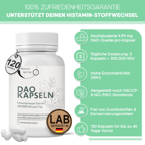 DAO Kapseln hochdosiert – 300.000 HDU Diaminoxidase pro Tagesdosis – veganes Enzym aus Erbsensprossen gegen Histamin – 120 laborgeprüfte Kapseln - Bodyshop-fit