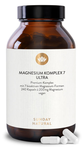 SUNDAY NATURAL® Magnesium Komplex hochdosiert – 240 Kapseln mit 400mg Magnesium pro Tag aus 7 Verbindungen - Vegan und laborgeprüft - Bodyshop-fit