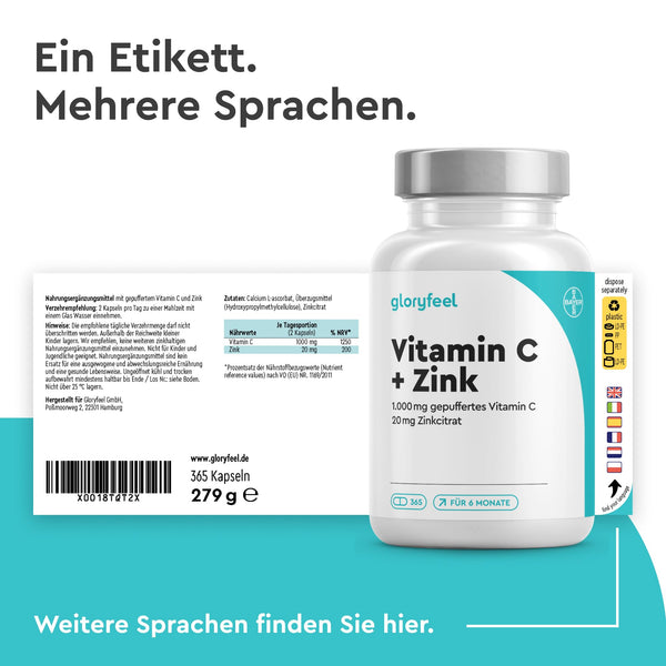 Vitamin C 365 Kapseln - Hochdosiert mit 1000mg + 20mg Zink - Pflanzlich fermentiert & gepuffert (pH-neutral, säurefrei, magenschonend) - Laborgeprüft, vegan ohne Zusätze hergestellt