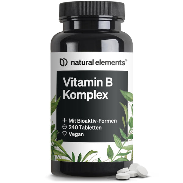 natural elements Vitamin B Komplex – 240 Tabletten – mit 8 essenziellen B-Vitaminen & Kofaktoren – mit Bioaktiv-Formen – vegan, hochdosiert – laborgeprüft