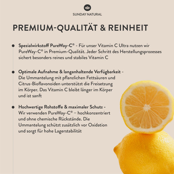 SUNDAY NATURAL® Vitamin C hochdosiert – 1000 mg Vitamin C – exklusiver PureWay® Komplex aus den USA – schnelle Absorption, mit Bioflavonoiden – laborgeprüft, ohne unnötige Zusätze – 240 Kapseln