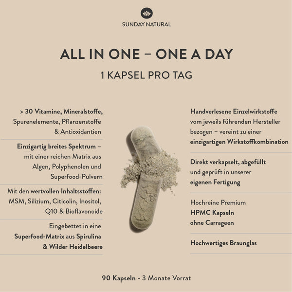 SUNDAY NATURAL® Multivitamin Komplex vegan - Premium All in One mit 30 A-Z Vitaminen und Mikronährstoffen - 90 vegane Kapseln, laborgeprüft und ohne unnötige Zusätze - Bodyshop-fit