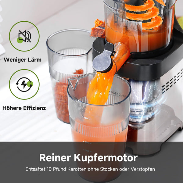 AMZCHEF Slow Juicer - Entsafter mit 120MM Breite und großer Fütterungsröhre für ganze Obst und Gemüse - Leicht zu reinigender Entsafter mit 2 Gläsern - Silbrig - Bodyshop-fit