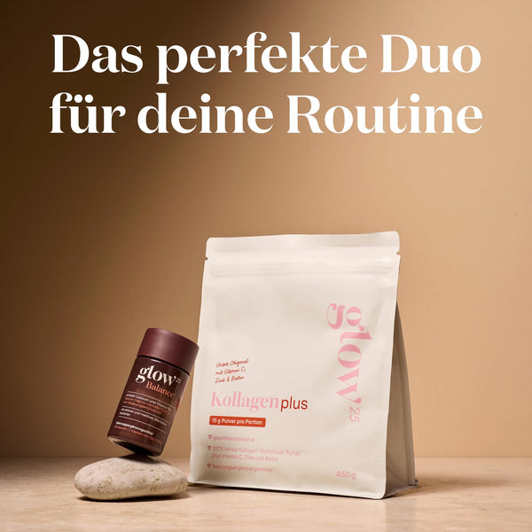 Glow25® Collagen Plus Pulver [450g] - Kollagen Hydrolysat mit Vitamin C, Zink und Biotin - Peptide Typ 1 und 3 - Gute Löslichkeit - Neutral