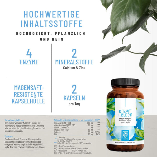 NATURTREU® Verdauungsenzyme (Digestive Enzyme) - Enzymhelden: Enzym Komplex mit Protease, α-Amylase & Lipase - 120 vegane Kapseln - in Deutschland produziert & laborgeprüft