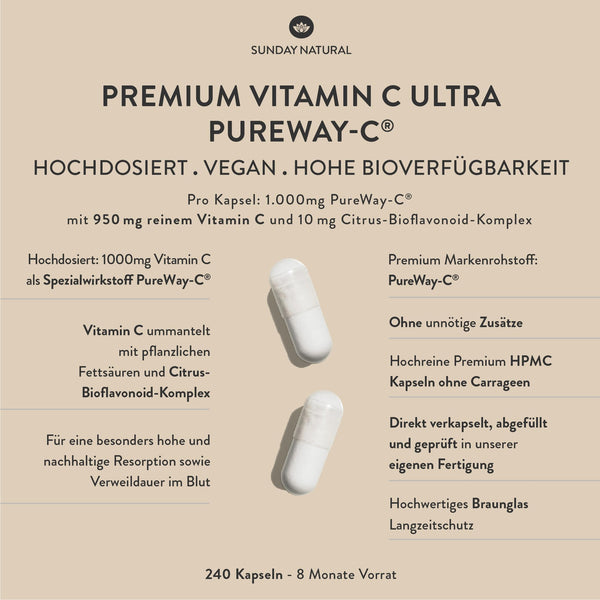 SUNDAY NATURAL® Vitamin C hochdosiert – 1000 mg Vitamin C – exklusiver PureWay® Komplex aus den USA – schnelle Absorption, mit Bioflavonoiden – laborgeprüft, ohne unnötige Zusätze – 240 Kapseln