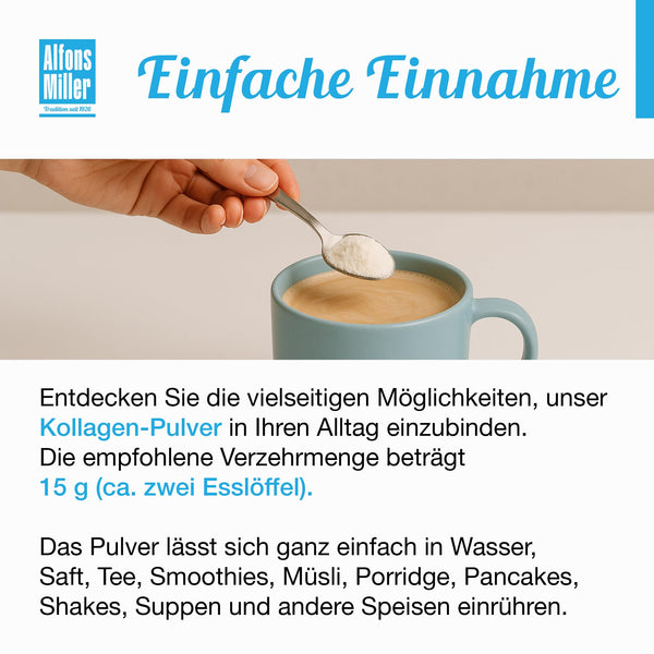 100% reines Kollagen Pulver 1000 g – Kollagen Peptide – Collagen Protein – Millers Alpha-Gel – Ohne Zusatzstoffe – Geschmacksneutral – Collagen Pulver – Alfons Miller – Deutsches Familienunternehmen