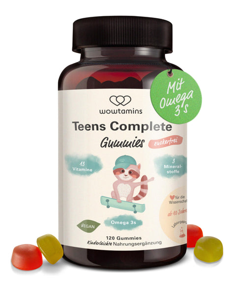 Zuckerfreie Multivitamin Gummies für Jugendliche - wowtamins Teens Complete (30-Tage-Vorrat) mit Omega 3, Vitamin C, D3, B12, Zink & mehr - Bodyshop-fit