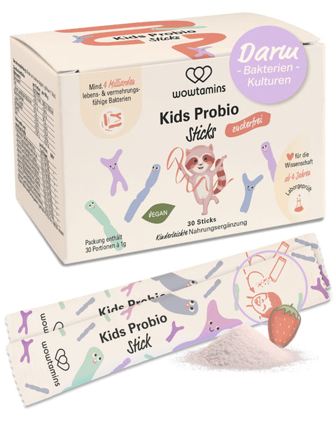 wowtamins Kids Probio Nahrungsergänzung – Leckere Direktsticks mit 9 ausgewählten Darmbakterien für eine gesunde Darmflora (30-Tage-Vorrat) für Kinder ab 4 Jahren - Bodyshop-fit