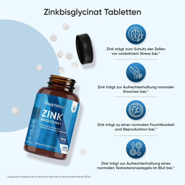 Zink Tabletten vegan - 400 vegane Tabletten für über 1 Jahr Vorrat - Unterstützt normalen Testosteronspiegel (EFSA) - Zink Bisglycinat von WeightWorld - Bodyshop-fit